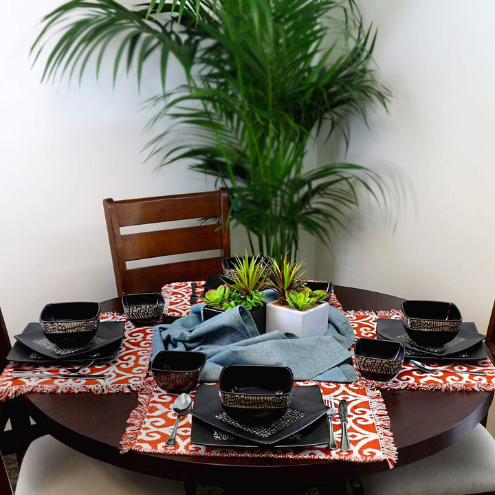 Geo 16 Piece Double Bowl Stoneware Dinnerware Set Brown Geometric Casual - Diamond Home USA