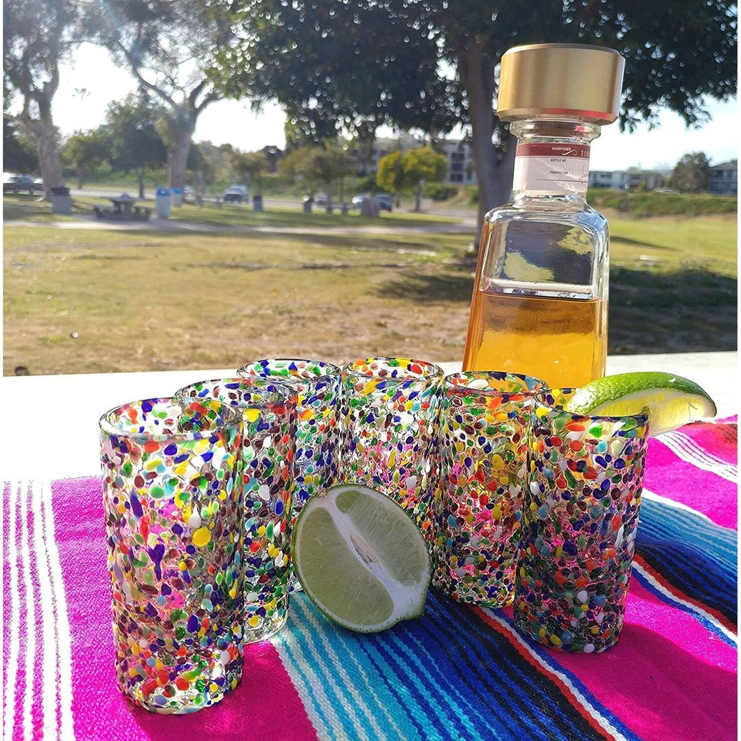 Hand Blown Mexican Tequila Glasses Set Of 6 Confetti Design Shot (2 Oz Each) - Diamond Home USA