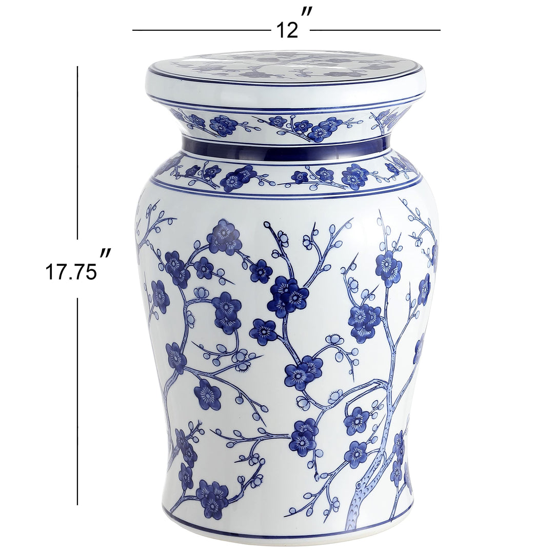 Cherry Blossom 17.7" Ceramic Garden Stool White/Blue Blue White Oriental - Diamond Home USA