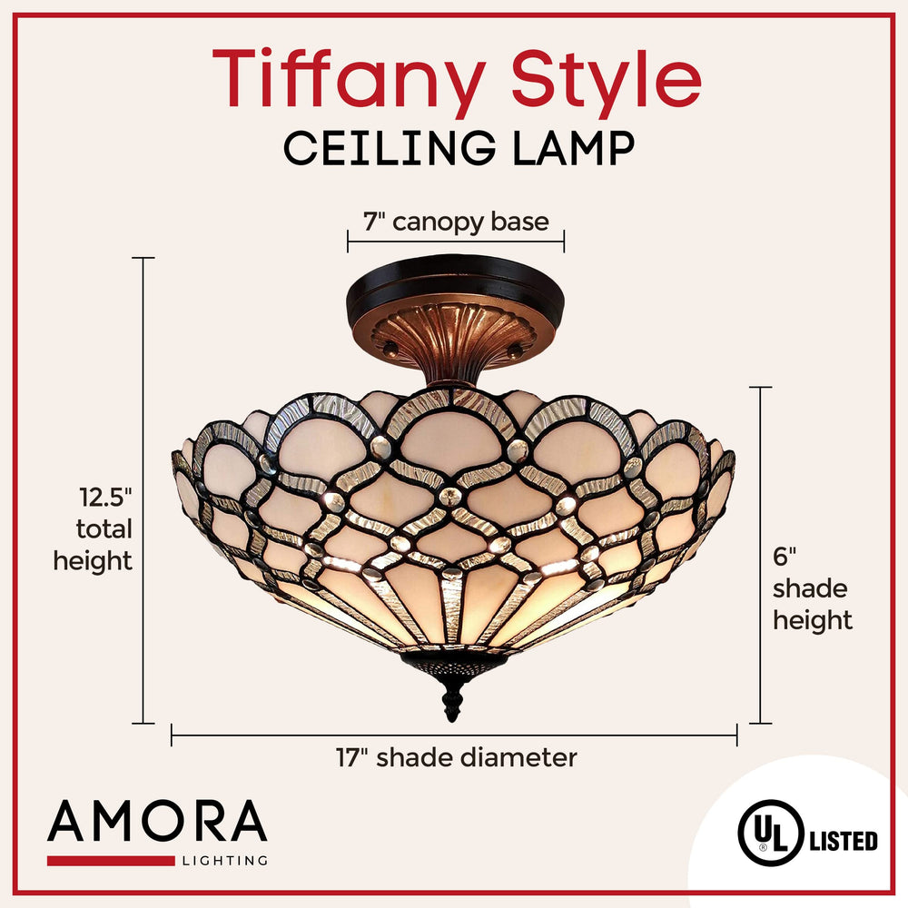 Amora Vintage Tiffany Style Ceiling Lamp - 17” Wide White Jeweled Stained - Diamond Home USA
