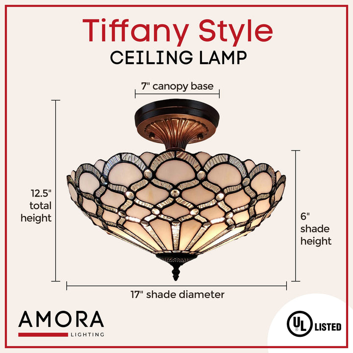 Amora Vintage Tiffany Style Ceiling Lamp - 17” Wide White Jeweled Stained - Diamond Home USA
