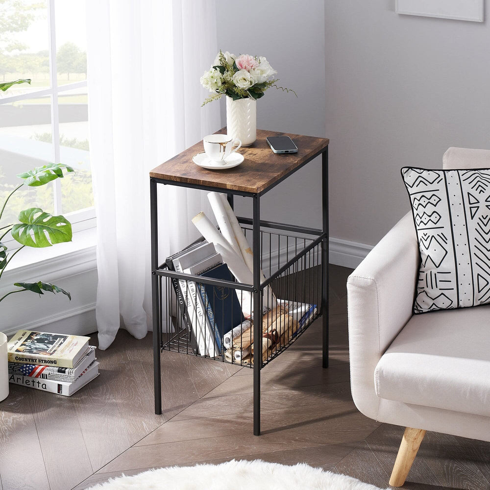 31" Height Modern Side End Table with Storage Mesh Basket Brown Casual - Diamond Home USA