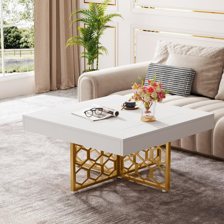 White and Gold Modern Square Coffee Tablewood Metal Tea Table for Living Room - Diamond Home USA