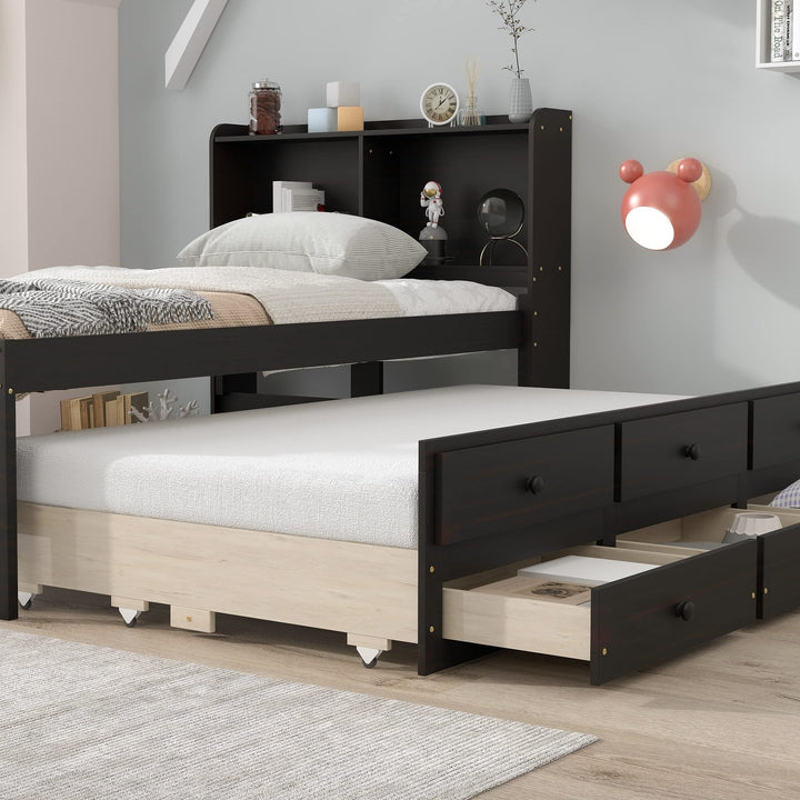 Twin Size Bed with Trundle Headboard Bookcase and 3 Drawers Black Modern - Diamond Home USA