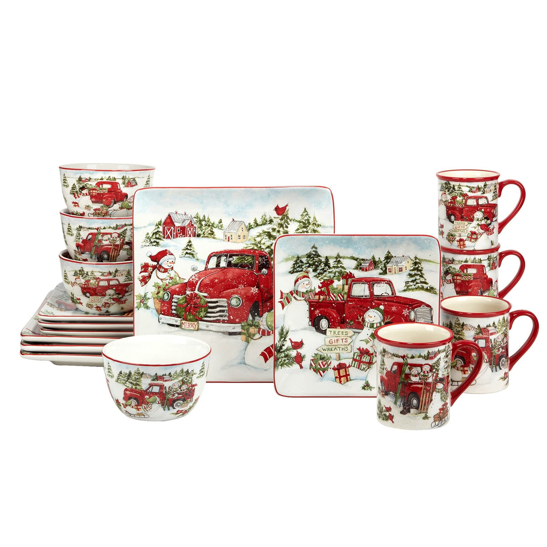 Red Truck Snowman 16 Pc Dinnerware Set Service for 4 Multi olor White Holiday