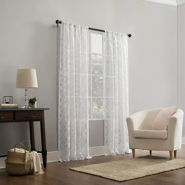 No. 918 Yvette Trellis Jacquard Sheer Rod Pocket Curtain Panel 52" x 63" White - Diamond Home USA