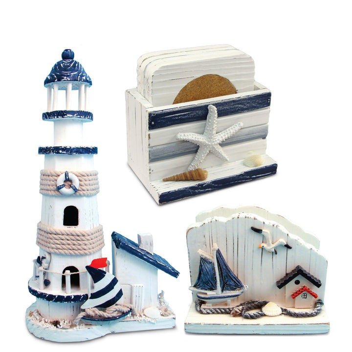 Blue Stripes Nautical- Lighthouse Napkin Holder Coaster hite Nautical Coastal