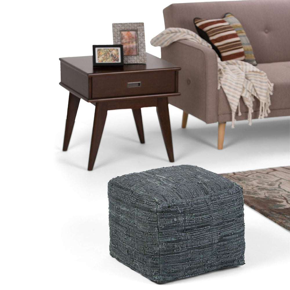 SIMPLIHOME Fredrik Square Pouf Foosool Upholsered in Grey Woven Leaher for - Diamond Home USA