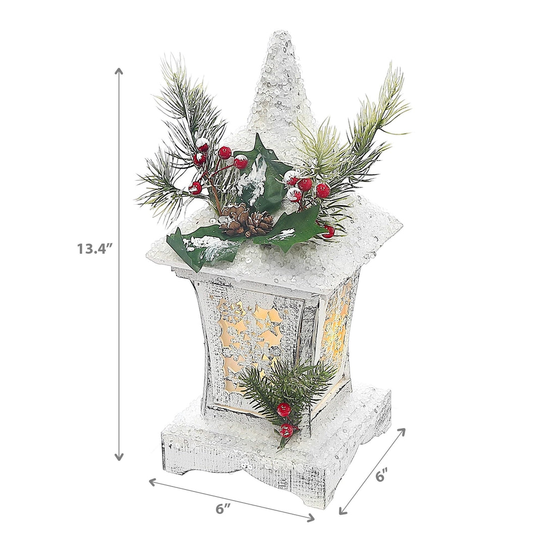 Christmas Led Snow Covered Snowflake Lantern 13.4" White Wood - Diamond Home USA