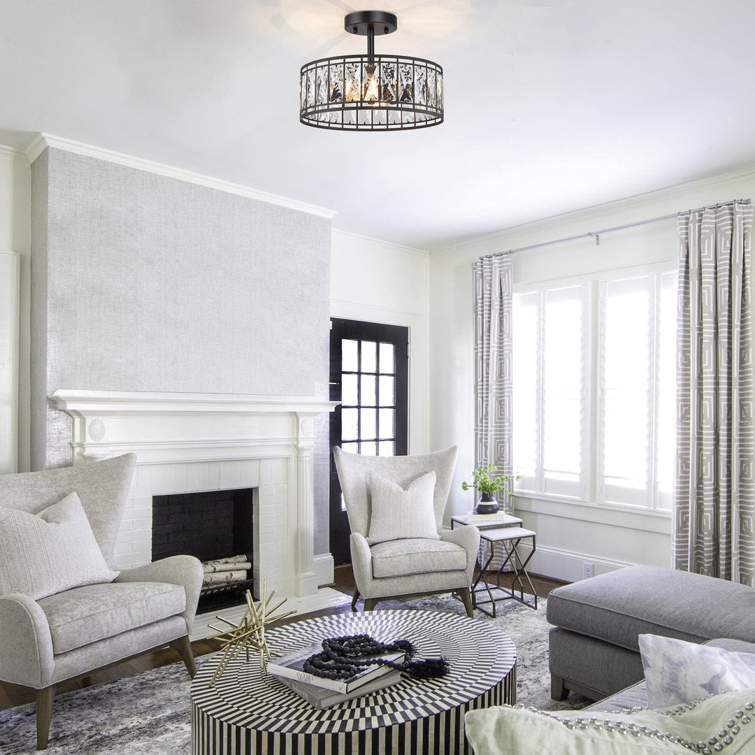 Modern 2-Light Crystal Drum Semi D12.5 x H 9.5" Black Mid-Century Contemporary - Diamond Home USA