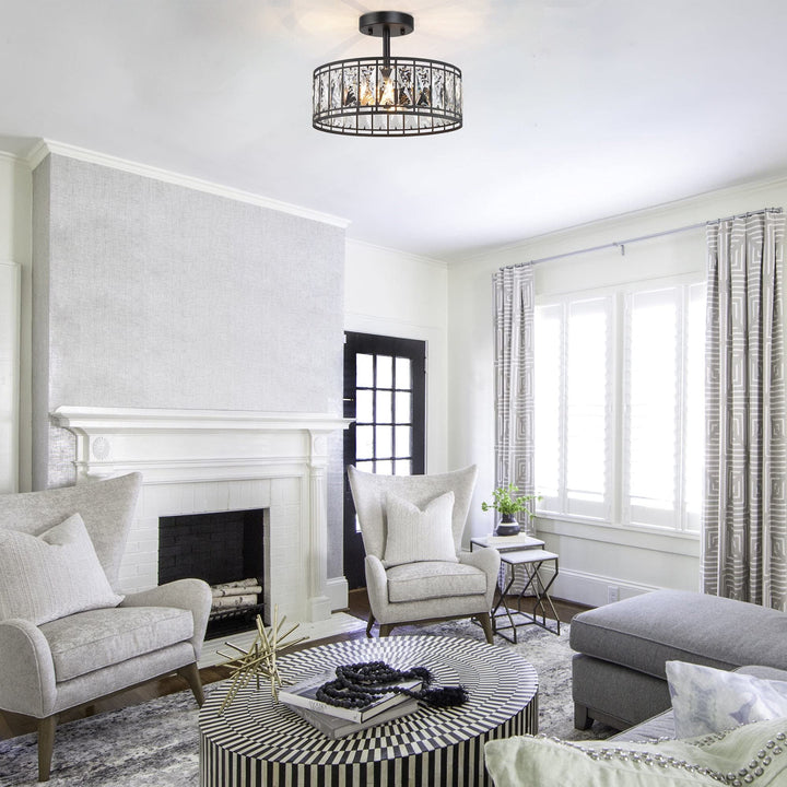 Modern 2-Light Crystal Drum Semi D12.5 x H 9.5" Black Mid-Century Contemporary - Diamond Home USA