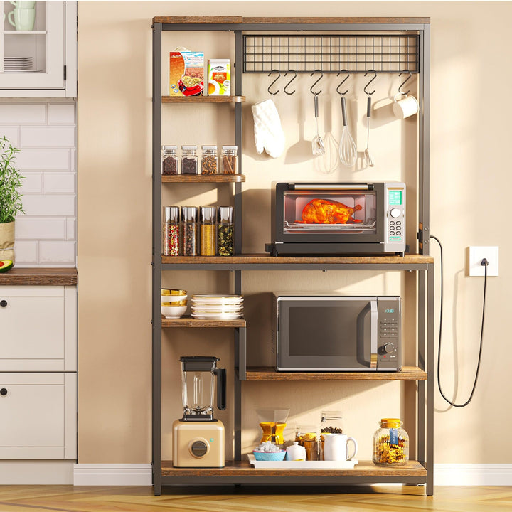 Kitchen Microwave Stand Bakers Rack Utility Storage Shelf with Power Outlet