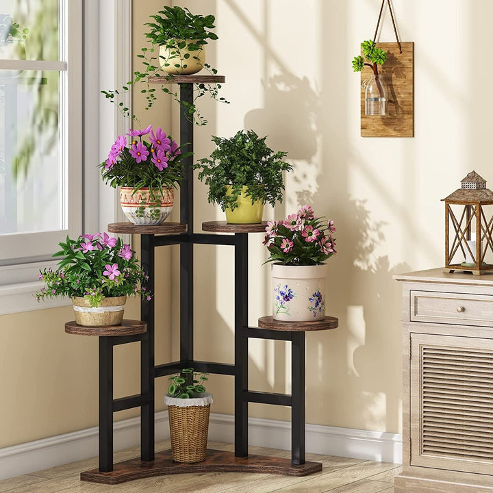 Corner Plant Stand Indoor 6 Tiered Shelf Flower Brown Metal Wood