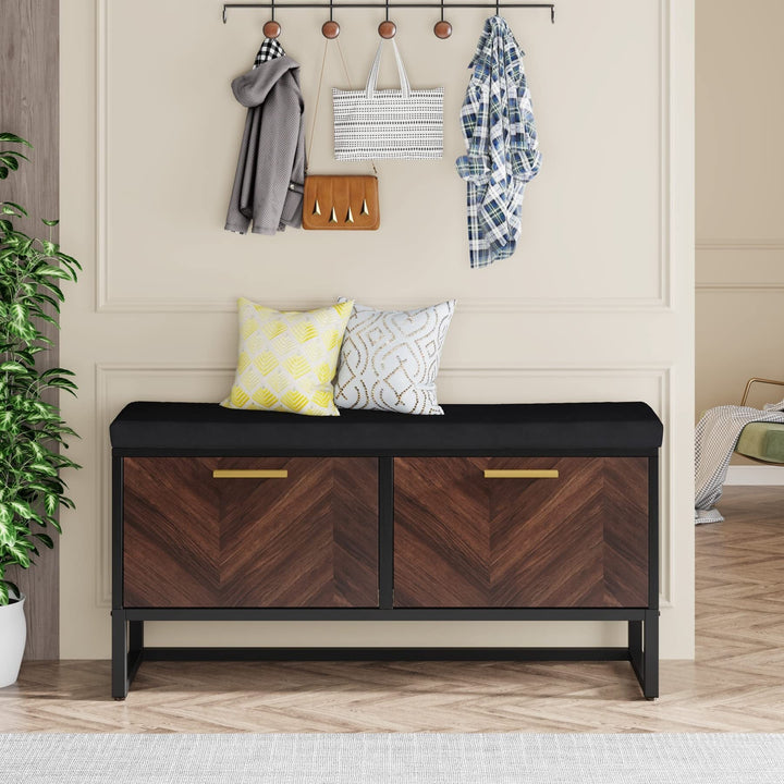 Shoe Storage Bench with Cushion Entryway 2 Flip Drawers Black Brown Solid - Diamond Home USA