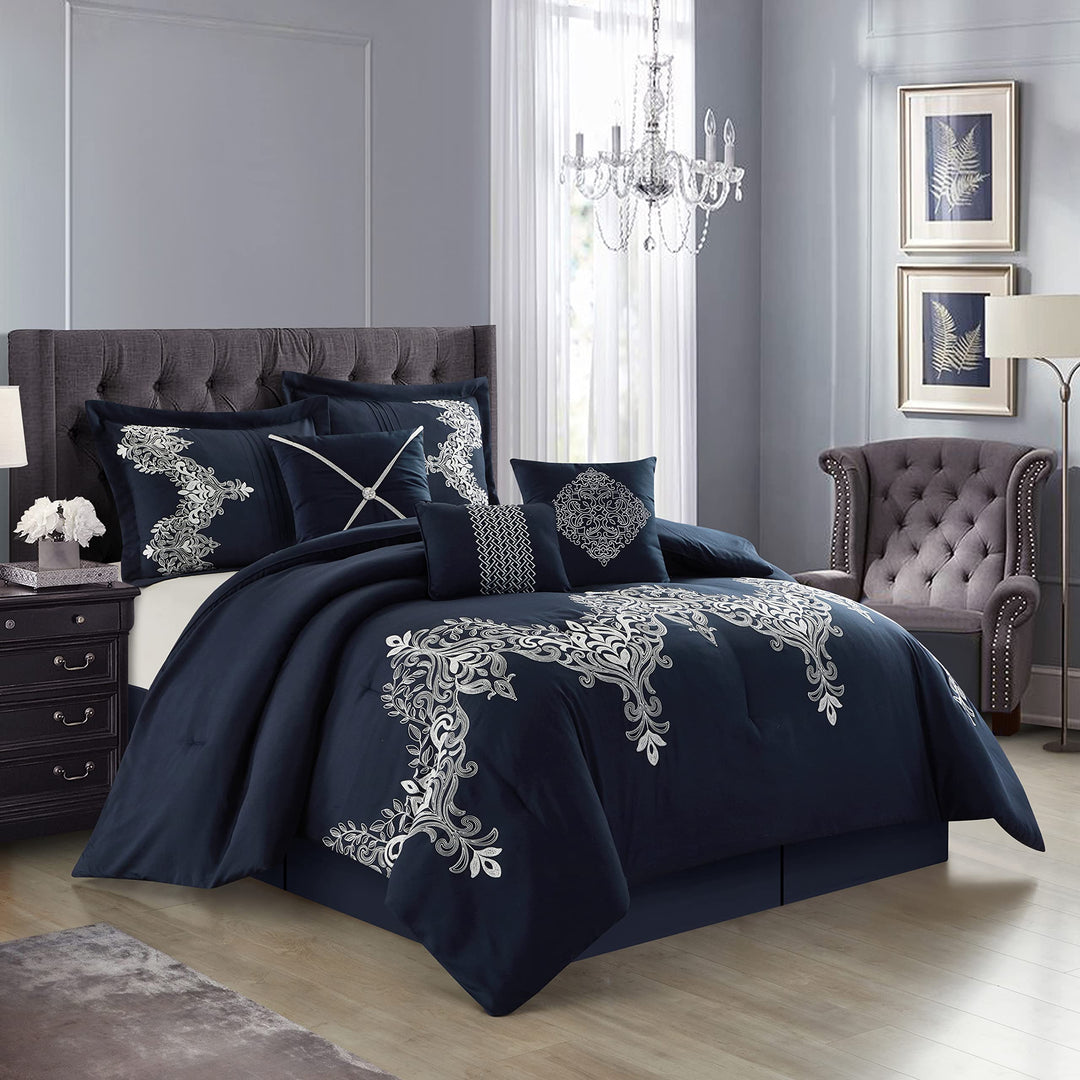 Stratford Park Damask 7 Piece Comforter Set Navy/Blue Queen Patchwork Decorative
