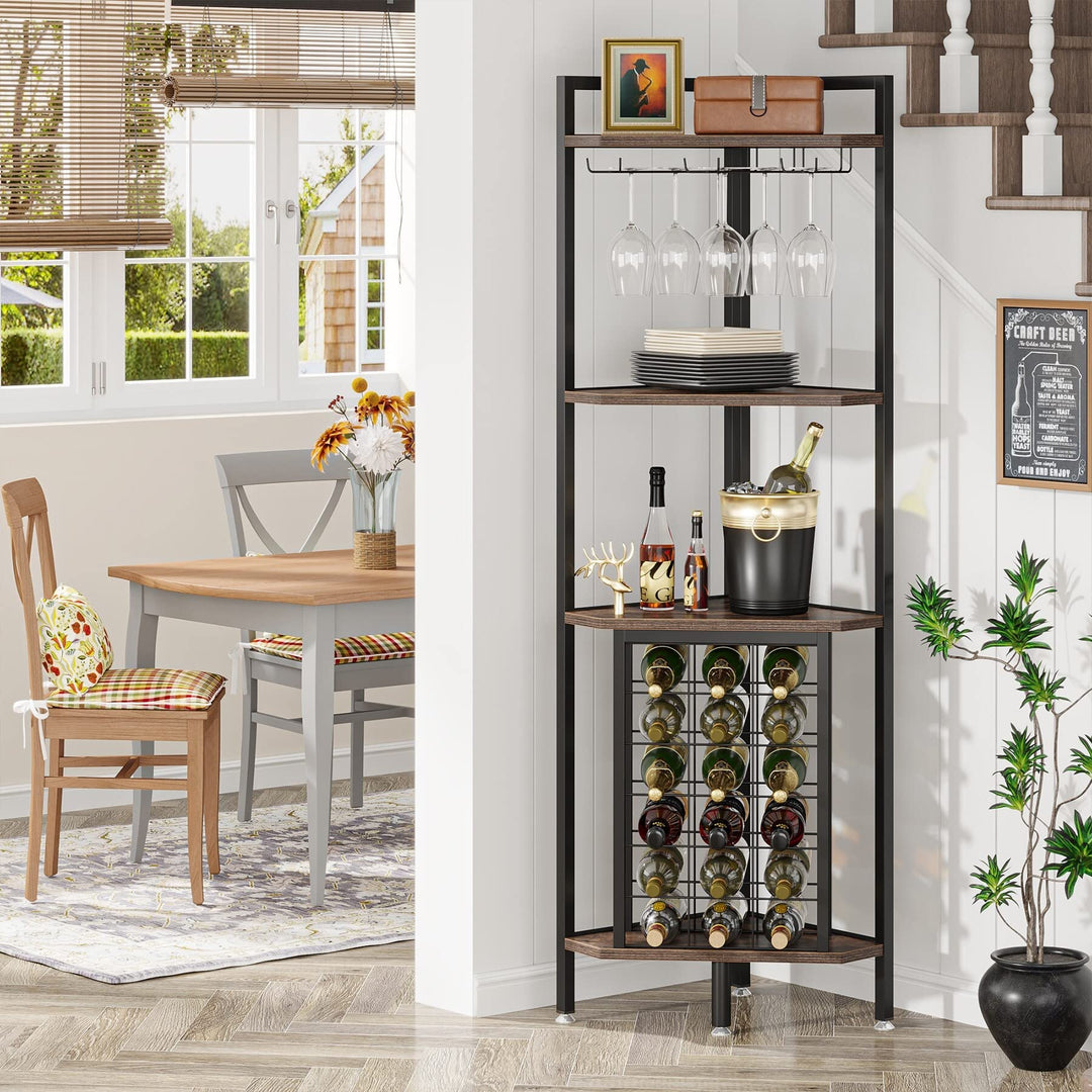 4 Tier Corner Wine Rack with Glass Holder and Bar Shelf Storage Brown Industrial - Diamond Home USA