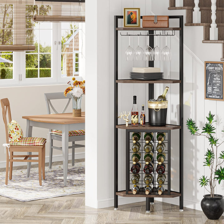 4 Tier Corner Wine Rack with Glass Holder and Bar Shelf Storage Brown Industrial - Diamond Home USA