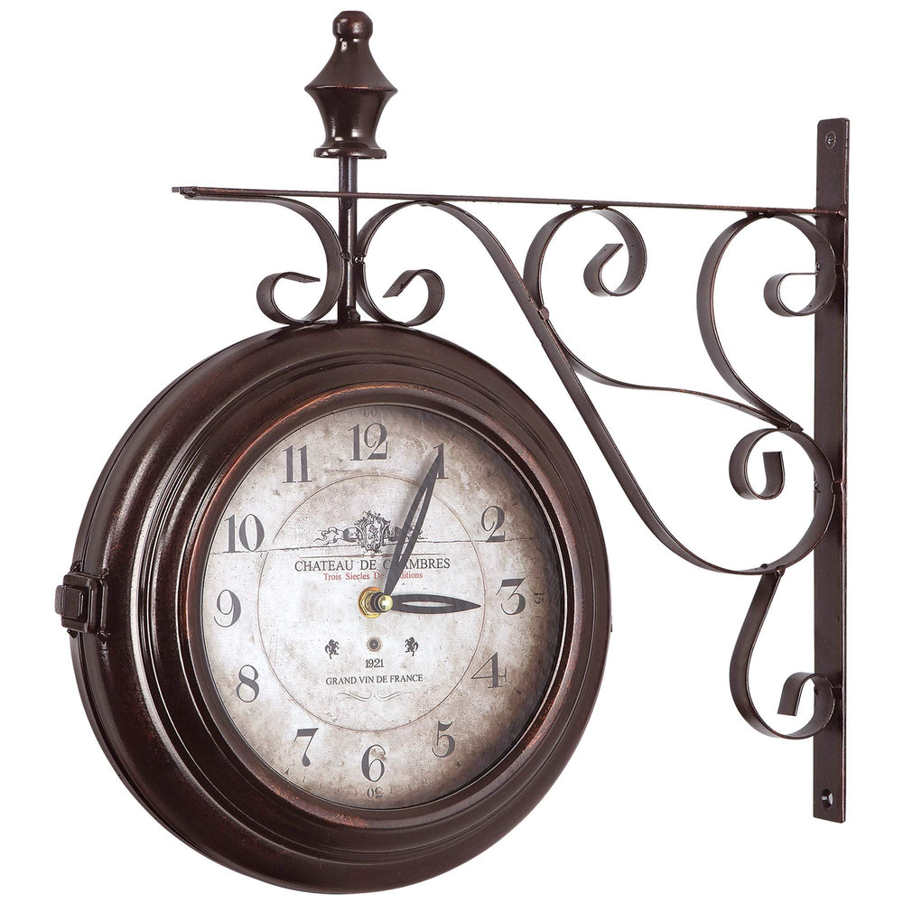 Double Sided Iron Wall Clock Black White Traditional Round Metal Wood Walnut - Diamond Home USA