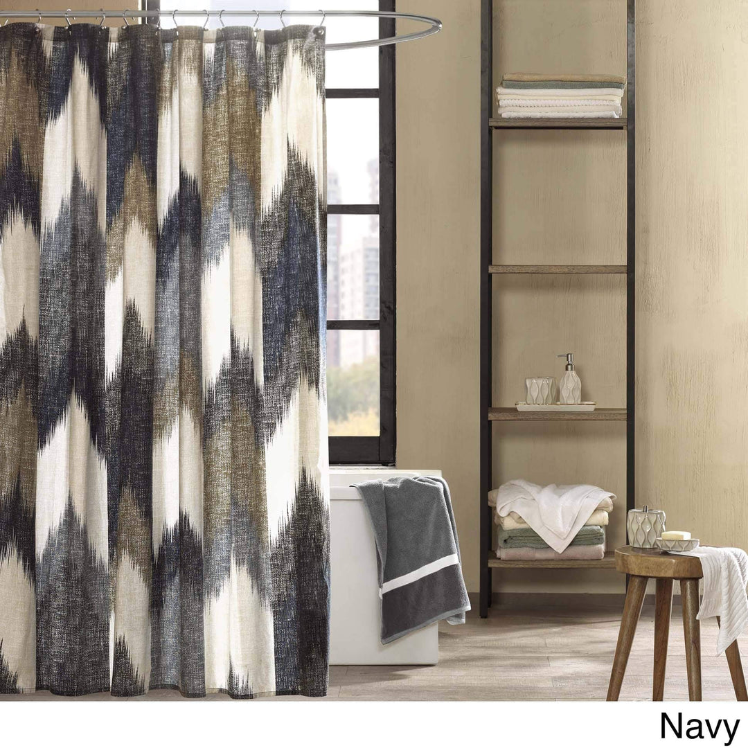 Blue Shower Curtain Chevron Ivory Shower Drape Geometric Shower Screen for Navy