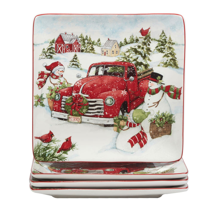 Red Truck Snowman 16 Pc Dinnerware Set Service for 4 Multi olor White Holiday - Diamond Home USA
