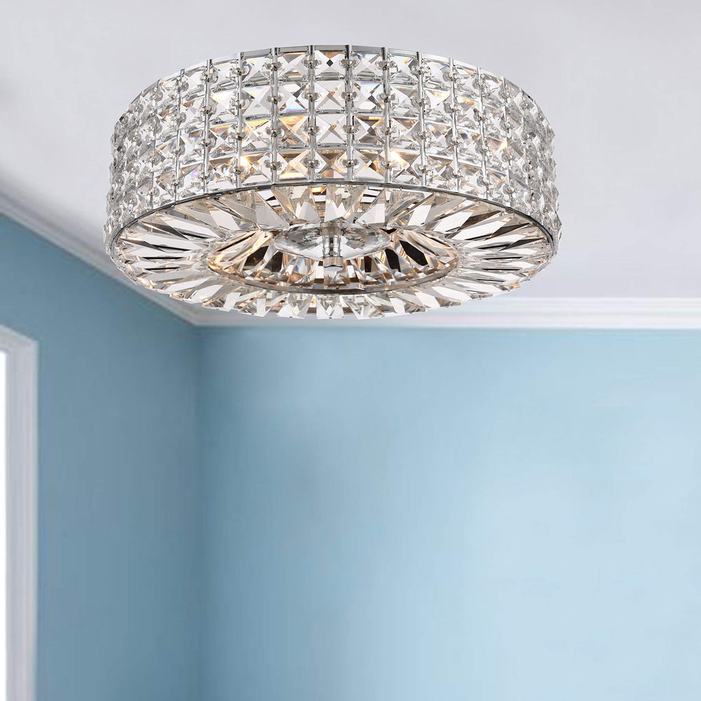 Chrome Finish 3-Light Crystal and Prism Round Flush Mount - Clear Modern - Diamond Home USA
