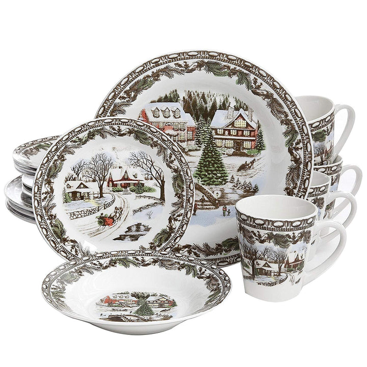 Cozy Christmas Scenic Cottage 16 Piece Dinnerware Set White Animal Casual