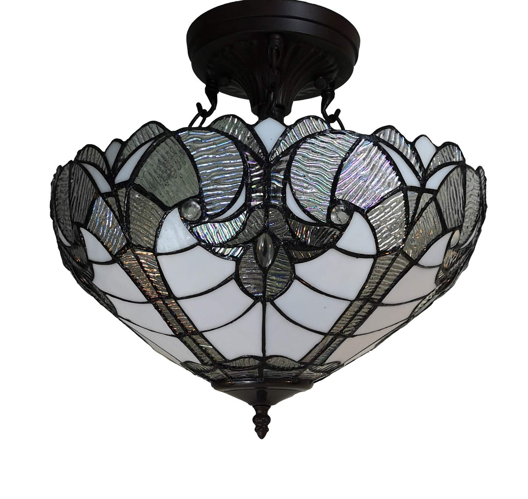 Tiffany Style Ceiling Lamp Fixture Semi Flush 16" Wide White Stained Glass - Diamond Home USA