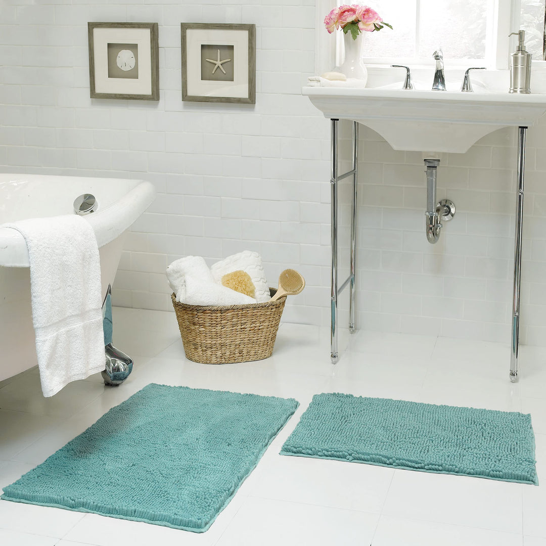 Resort Collection Plush Shag Chenille 2-Piece 17 x 24" Bath Mat Set Aqua Aqua - Microfiber/Chenille
