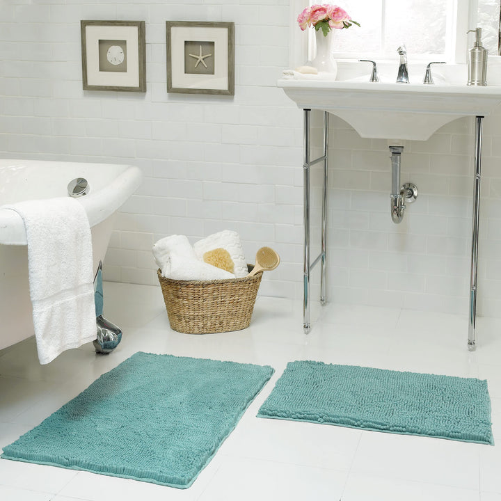 Resort Collection Plush Shag Chenille 2-Piece 17 x 24" Bath Mat Set Aqua Aqua - Microfiber/Chenille