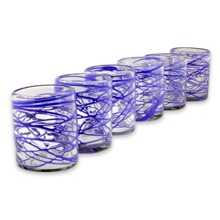 Handmade Set Of 6 Blown Glass Rock Glasses 'Sapphire Swirl' (Mexico) Blue - Diamond Home USA