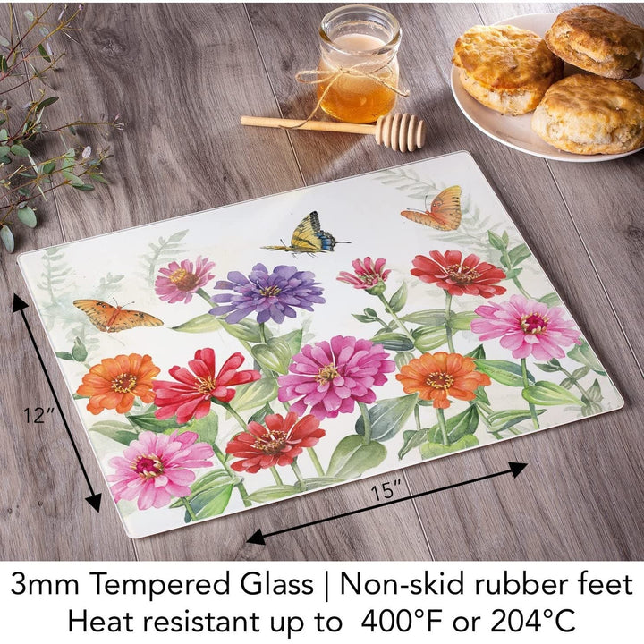 Butterflies 3mm Heat Tempered Glass Cutting Board 15" X 12" Made in The USA - Diamond Home USA