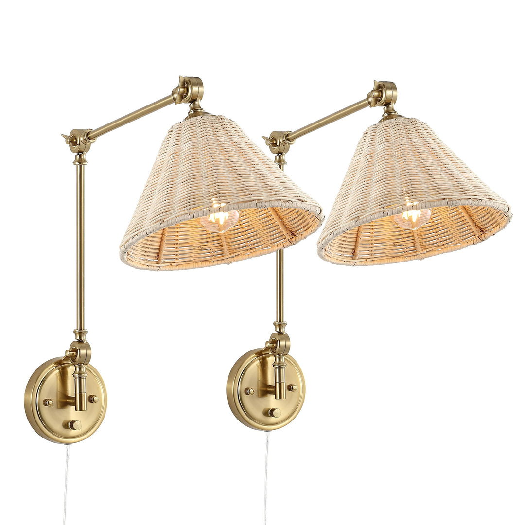 Gold Rattan Swing Arm Wall Lamp Set of 2 Adjustable Mounted Sconce Modern - Diamond Home USA