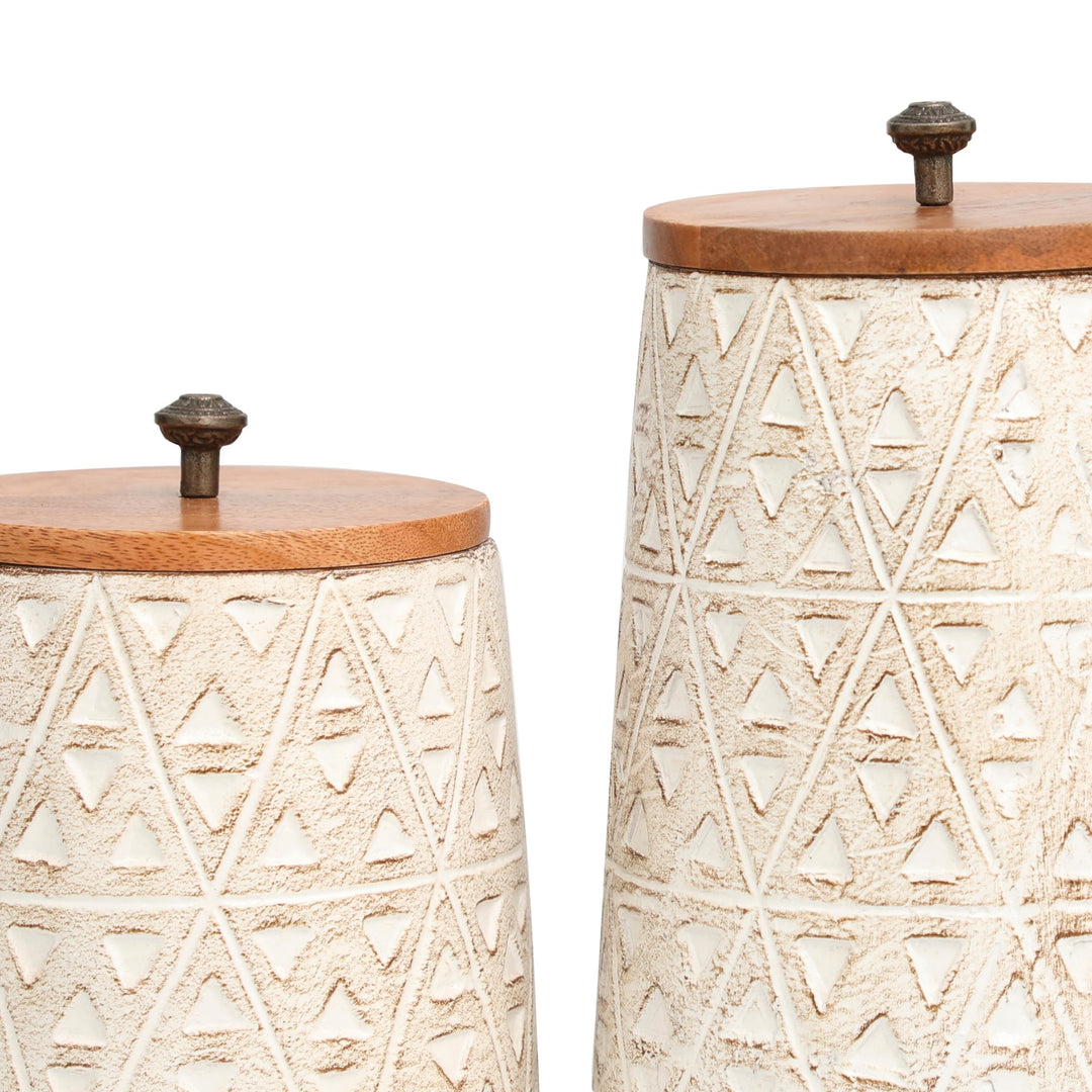 Cream Paper Handmade Carved Triangle Tribal Canisters With Brown Removable - Diamond Home USA