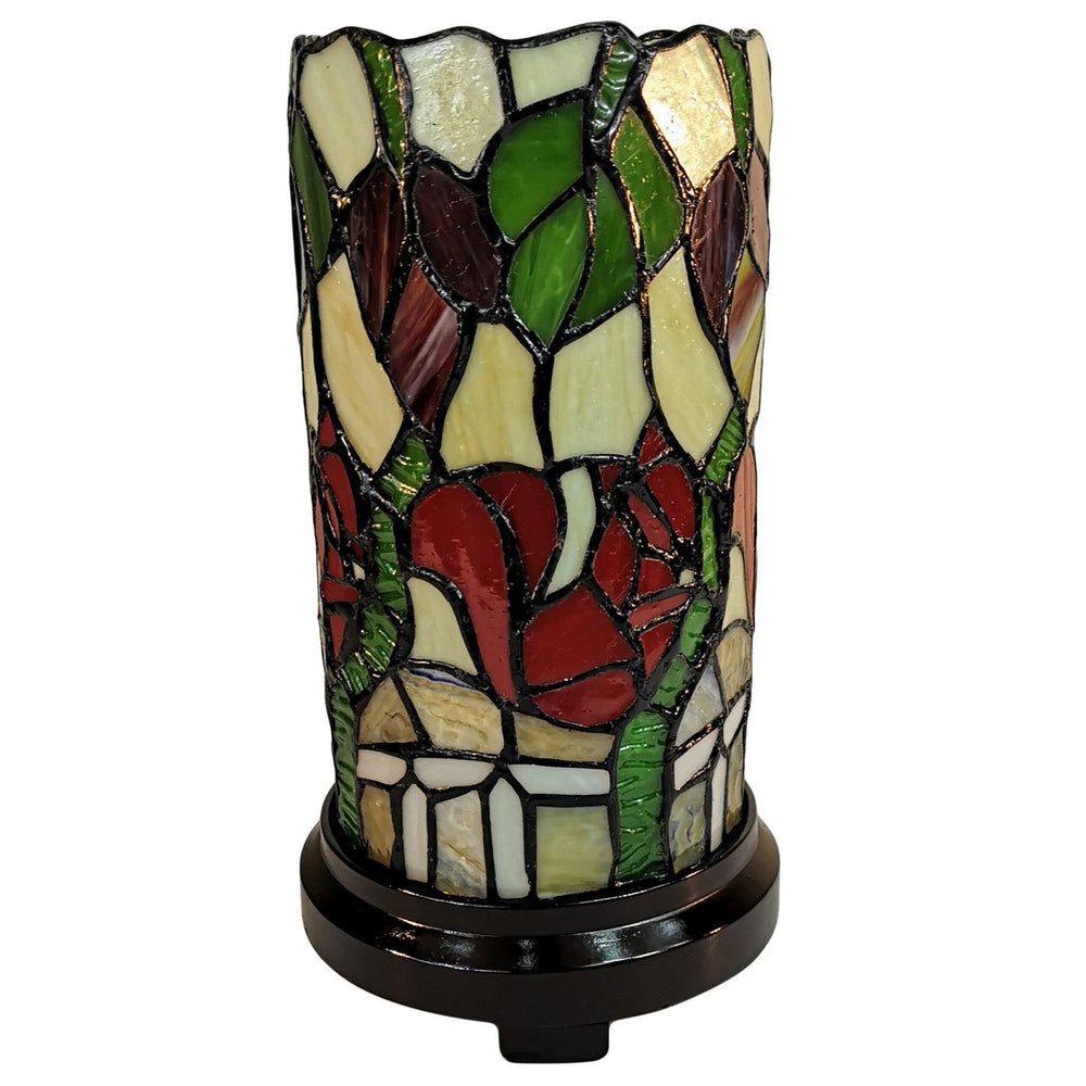 Tiffany Style Accent Lamp 10" Tall Stained Glass White Yellow Dragonfly Rose - Diamond Home USA