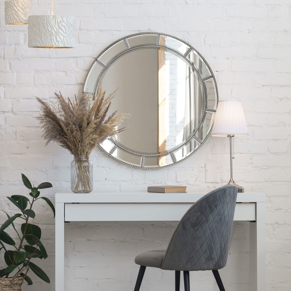 Beaded Champagne Silver Beveled Round Wall Mirror 30 X Modern Contemporary Glass - Diamond Home USA