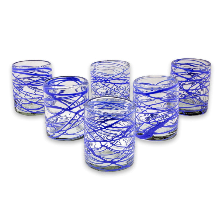 Handmade Set Of 6 Blown Glass Rock Glasses 'Sapphire Swirl' (Mexico) Blue