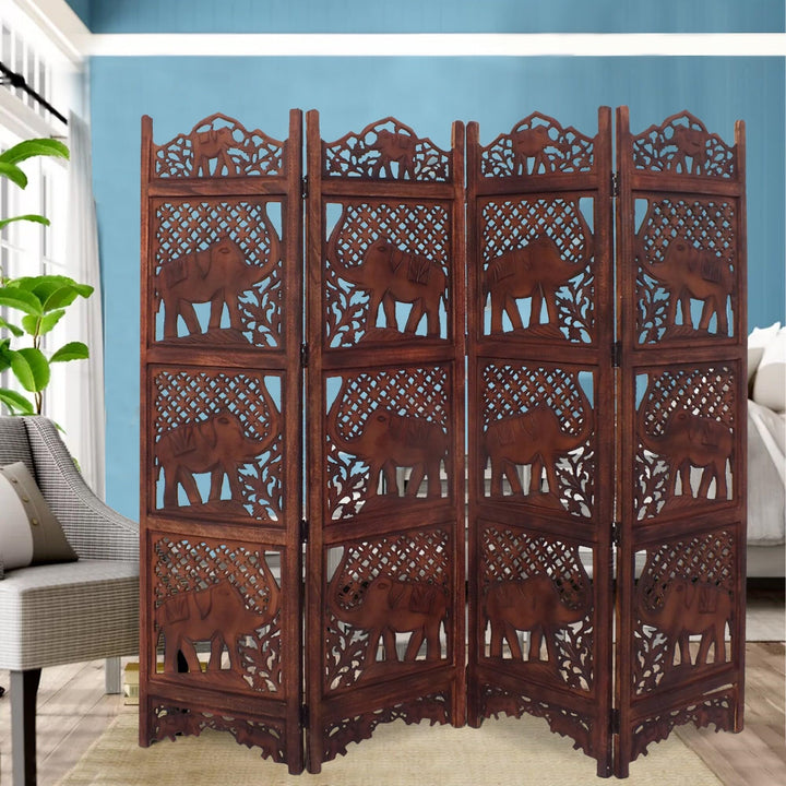 Hand Carved Elephant Design Foldable 4 Panel Wooden Room Divider Brown 8' X