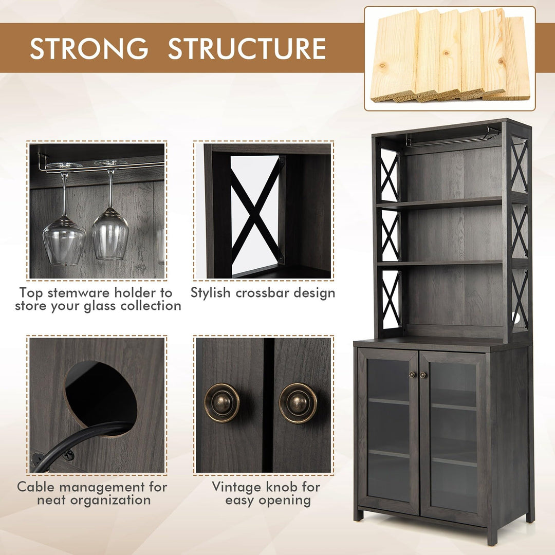 Tall Bar Cabinet Kitchen Buffet W/Glass Holder Adjustable Shelf Grey MDF - Diamond Home USA