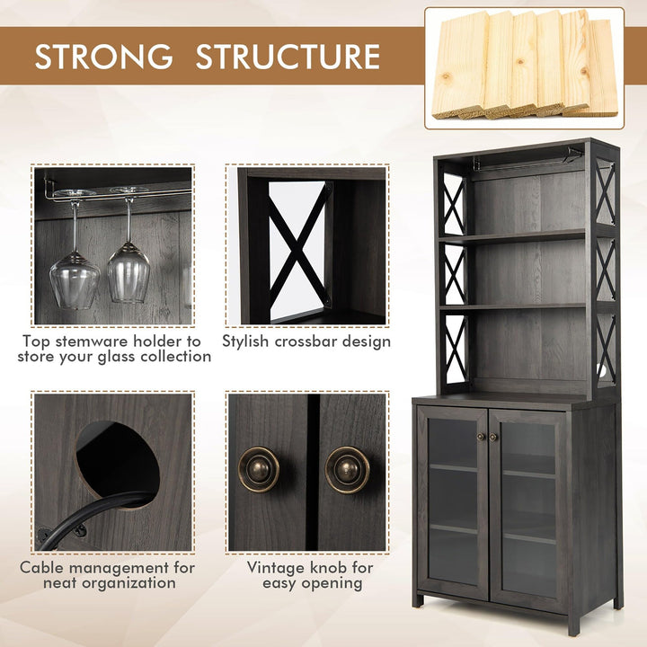 Tall Bar Cabinet Kitchen Buffet W/Glass Holder Adjustable Shelf Grey MDF - Diamond Home USA