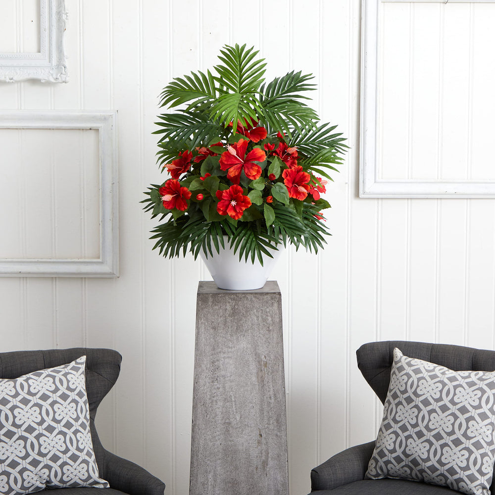 Nearly Natural Hibiscus and Areca Palm Artificial White Bowl Silk Plants Red - Diamond Home USA