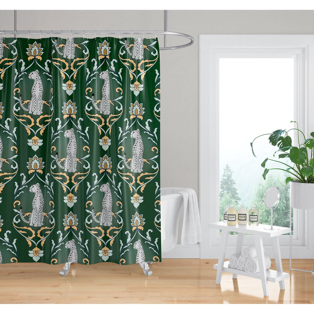 Snow Cats Green Shower Curtain Green Animal Print Modern Contemporary Polyester - Diamond Home USA