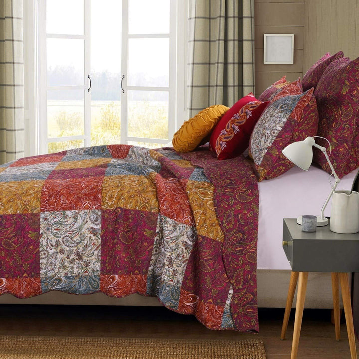 3 Piece Grey Purple Yellow Patchwork Quilt King/Cal King Set Patch Work - Diamond Home USA