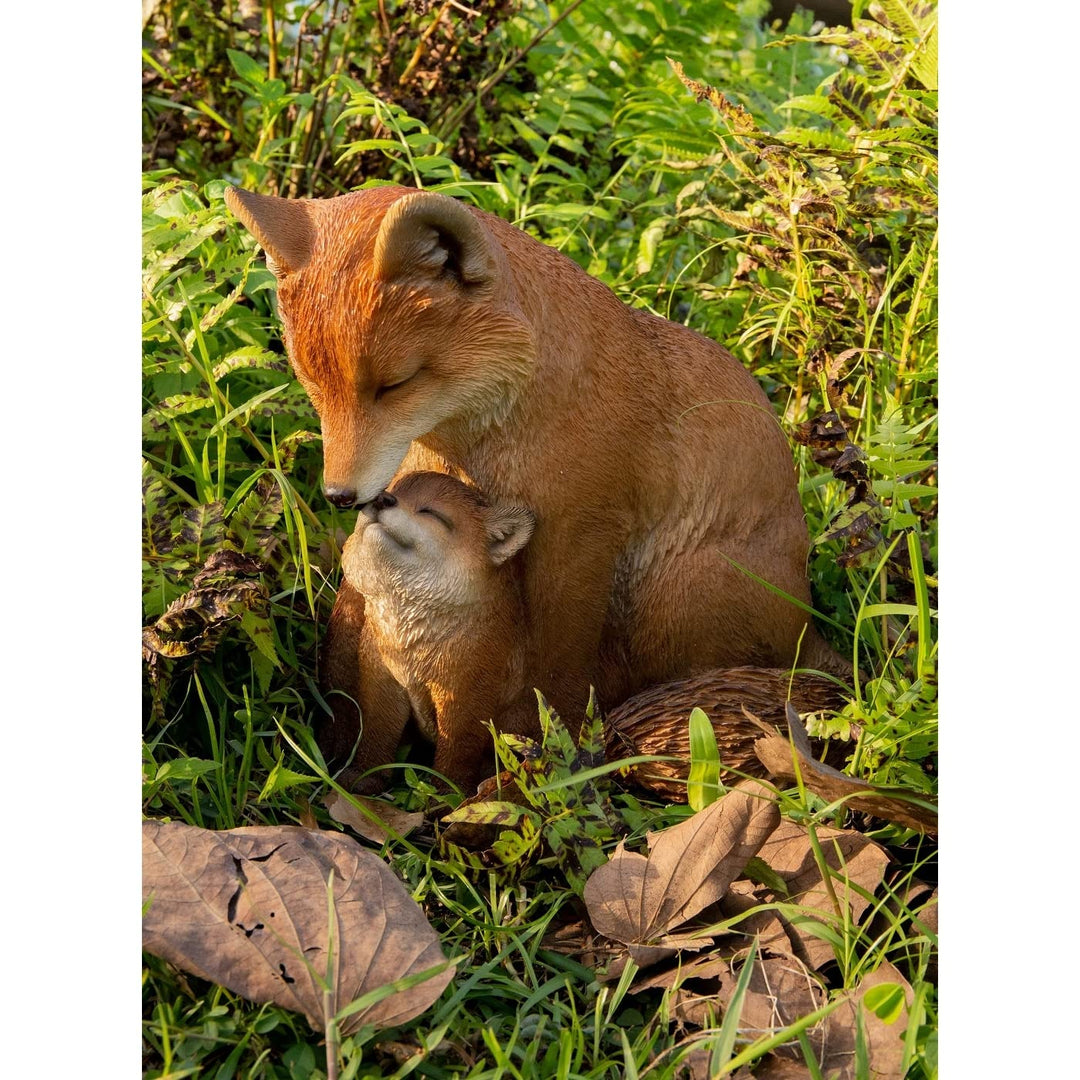 Cuddling Mother and Baby Fox Garden Statue Brown Polyresin