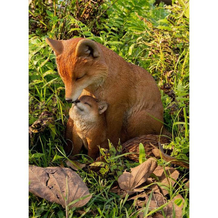 Cuddling Mother and Baby Fox Garden Statue Brown Polyresin
