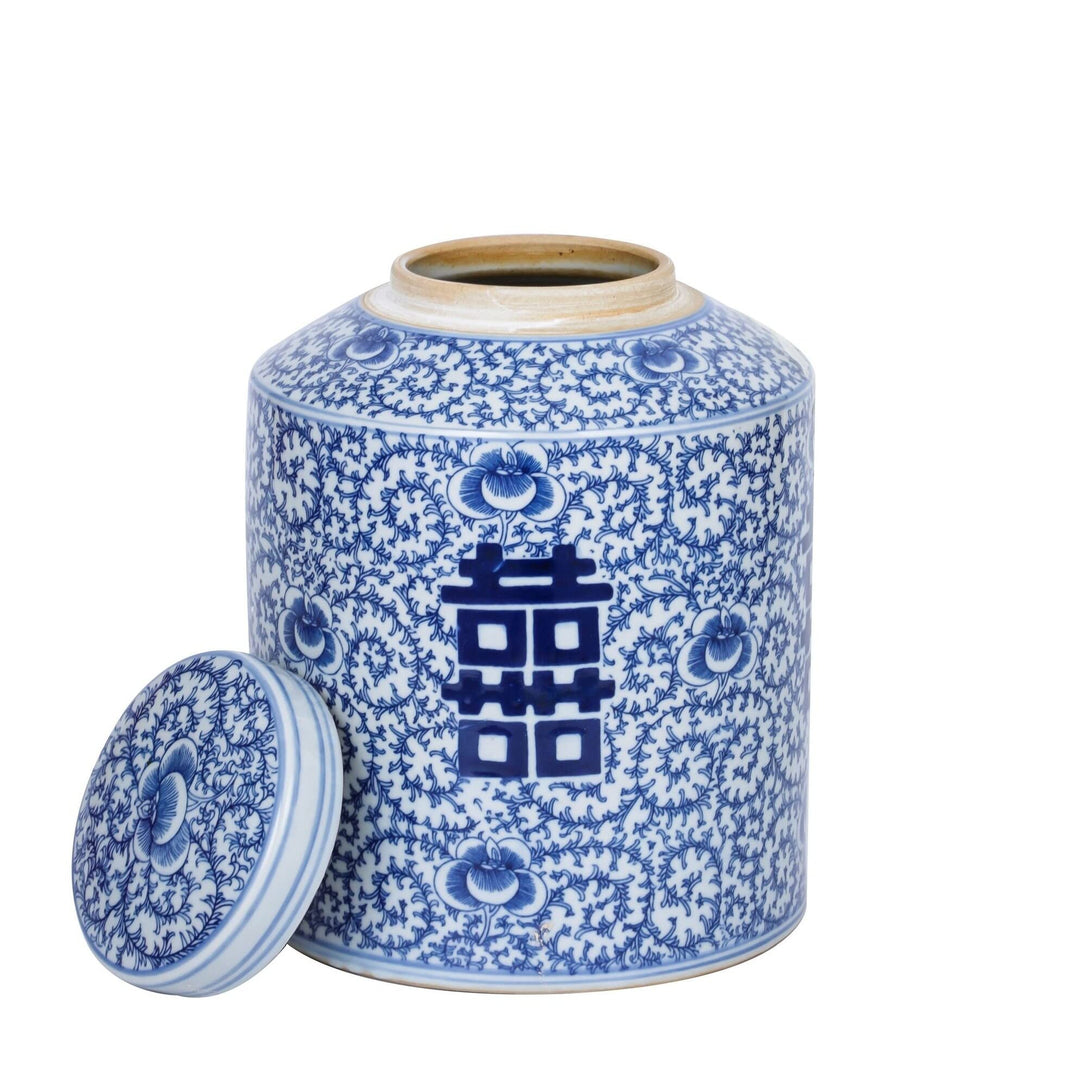 Blue And White Blooming Double Happiness Tea Jar Porcelain - Diamond Home USA
