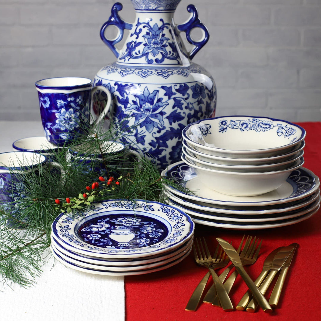 Euro Ceramica Blue Garden 16 Piece Oven afe Hand Painted toneware Dinnerware - Diamond Home USA