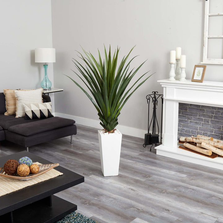 Nearly Natural 5ft. Spiky Agave Artificial Plant in White Tower Planter - Diamond Home USA