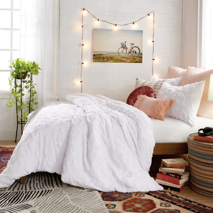 Chenille Leopard Comforter Set White Textured Modern Contemporary Cotton 3 Piece - Diamond Home USA
