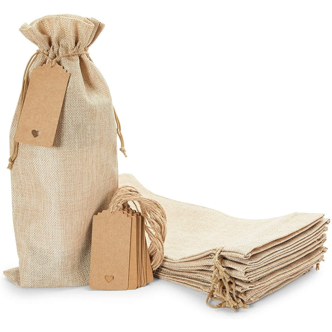 Burlap Wine Gift Bags with Drawstrings and Tags (6.4 X 14.5 in 12 Pack) Brown
