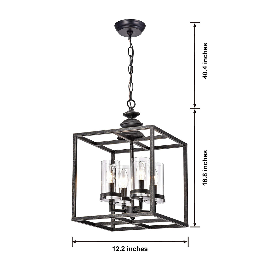 Black 4-Light Lantern Pendant Cage Fixture Geometric Lighting Hanging Square - Diamond Home USA